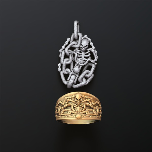 Biker Skull Ring Pendant Collection Set 3D print models