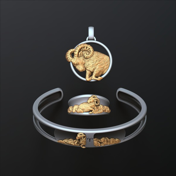 Zodiac Horoscope Aries ring pendant bracelet collection 3D print model