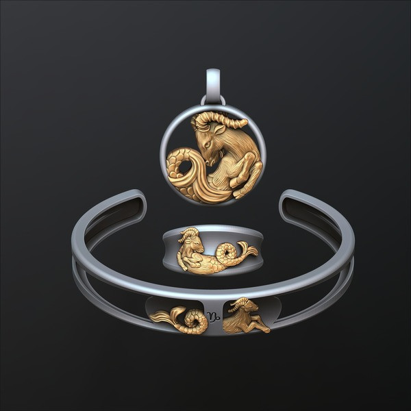 Zodiac Horoscope Capricorn ring pendant bracelet collection 3D print model