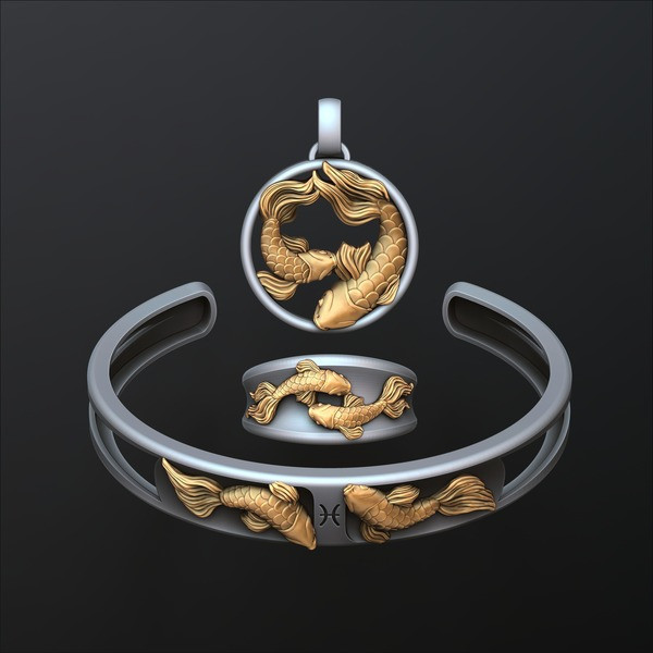 Zodiac Horoscope Pisces ring pendant bracelet collection 3D print model
