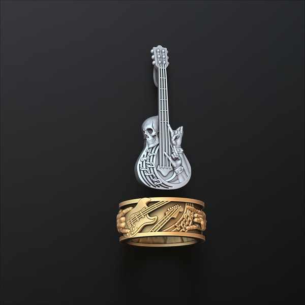 Rock N Roll Guitar Ring Pendant Set 3D print models