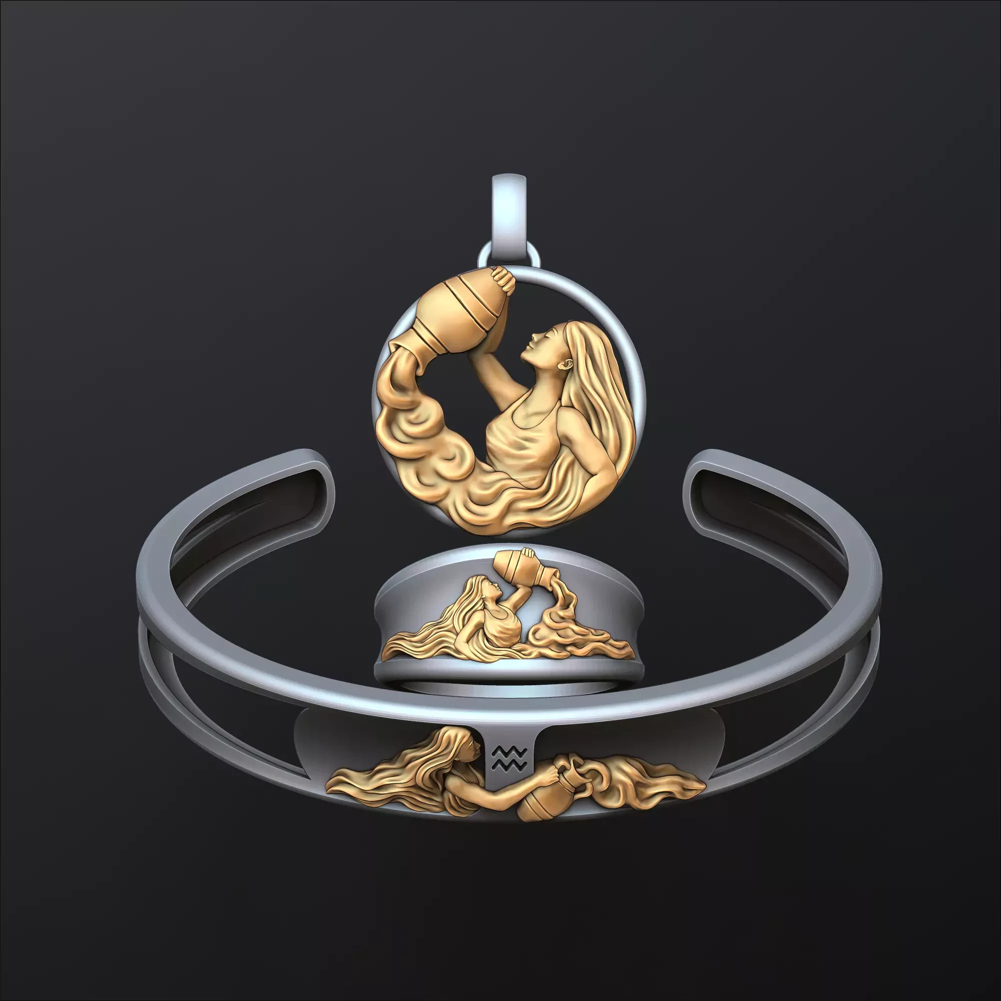 Zodiac Horoscope Aquarius ring pendant bracelet collection 3D print model