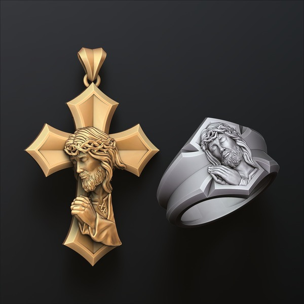 Praying Jesus Cross Ring Pendant Set Pack 3D print models