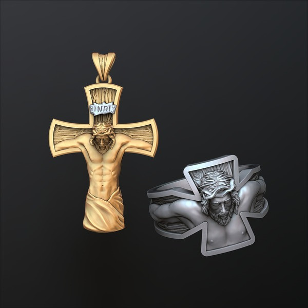 Jesus Crucifixion cross ring pendant set 3D print models